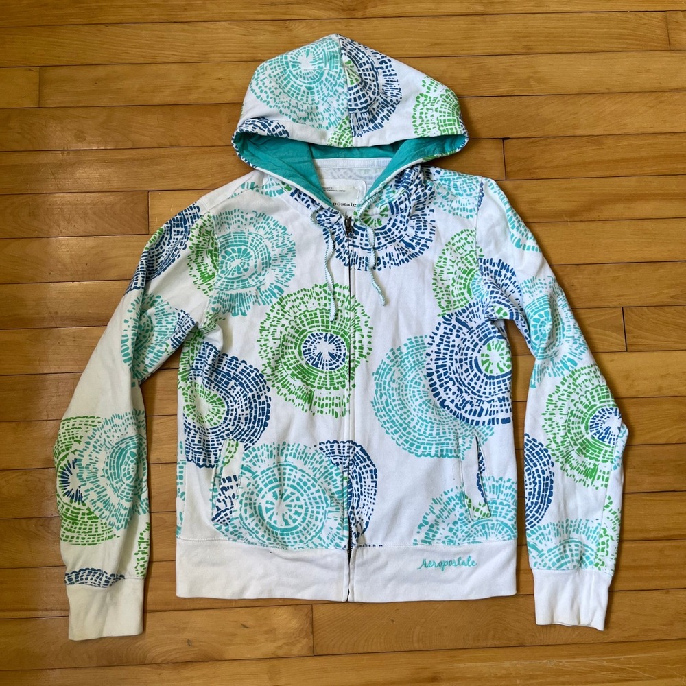 Aeropostale Womens Full Zip Hoodie White Teal Green Geometric Circle Print Large